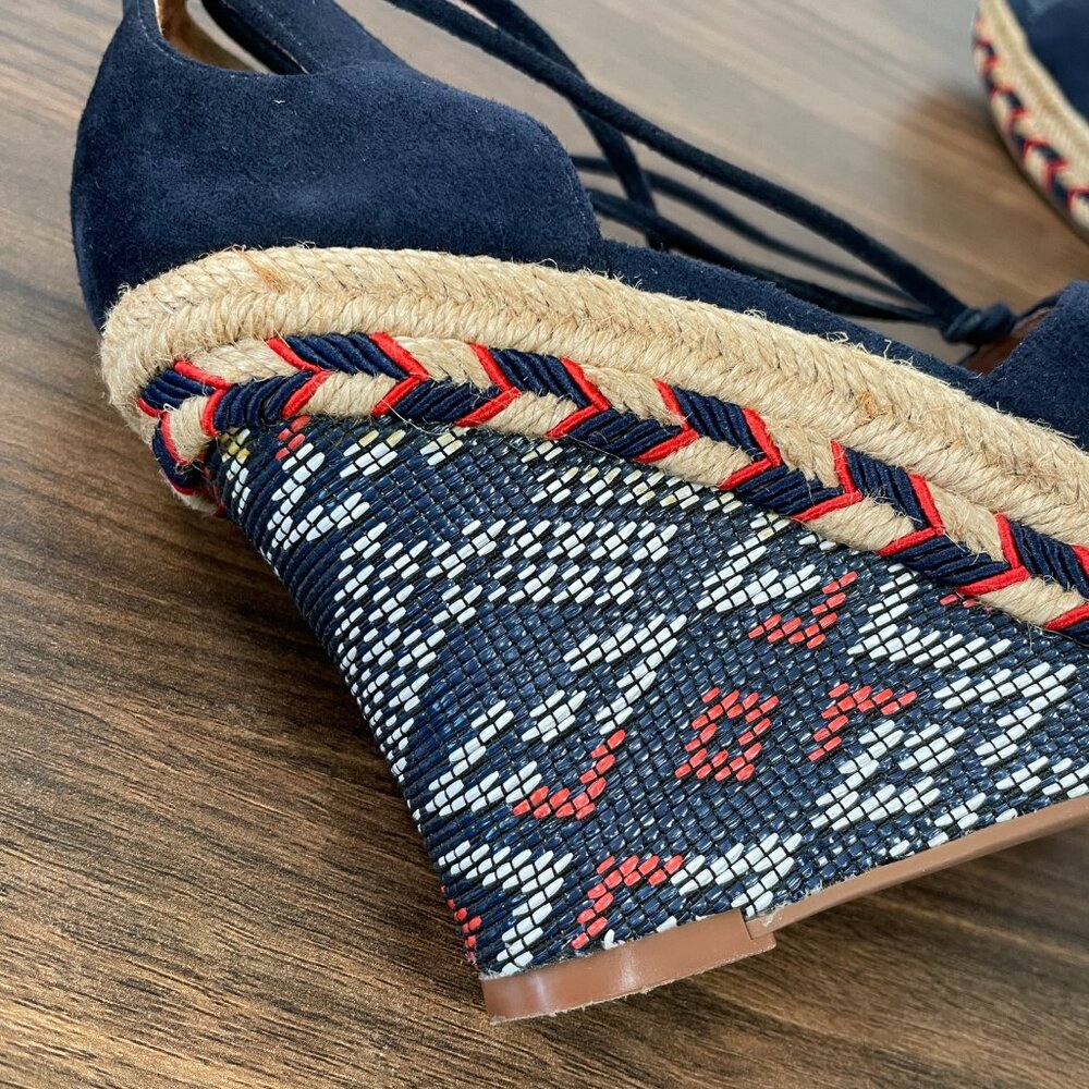 Cabi Wrap Lace-Up Blue Suede Leather Espadrille Aztec Wedge Heel Women's 5M - Picture 10 of 15